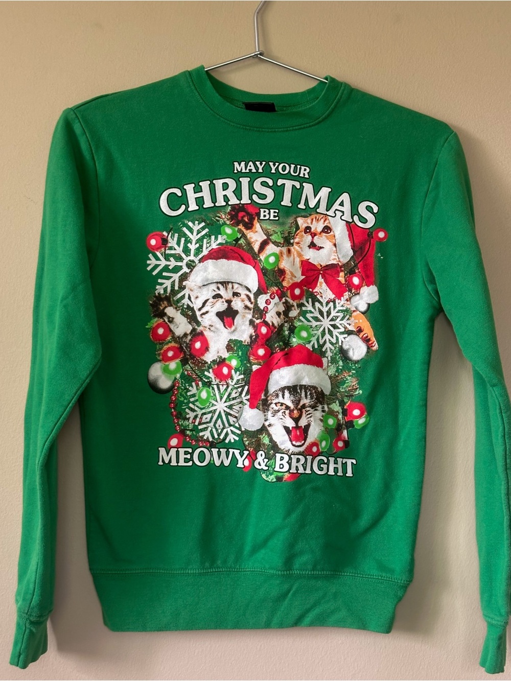 Green Christmas 'Meowy & Bright' Crewneck Sweater